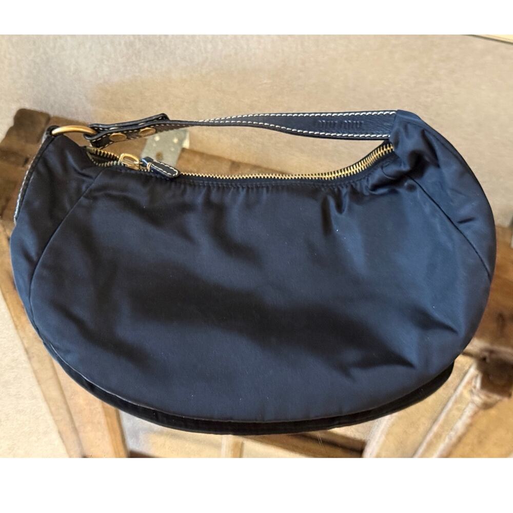 Vintage MIU MIU Black Nylon Handbag Cluch Purse Bag Zip top Leather Strap